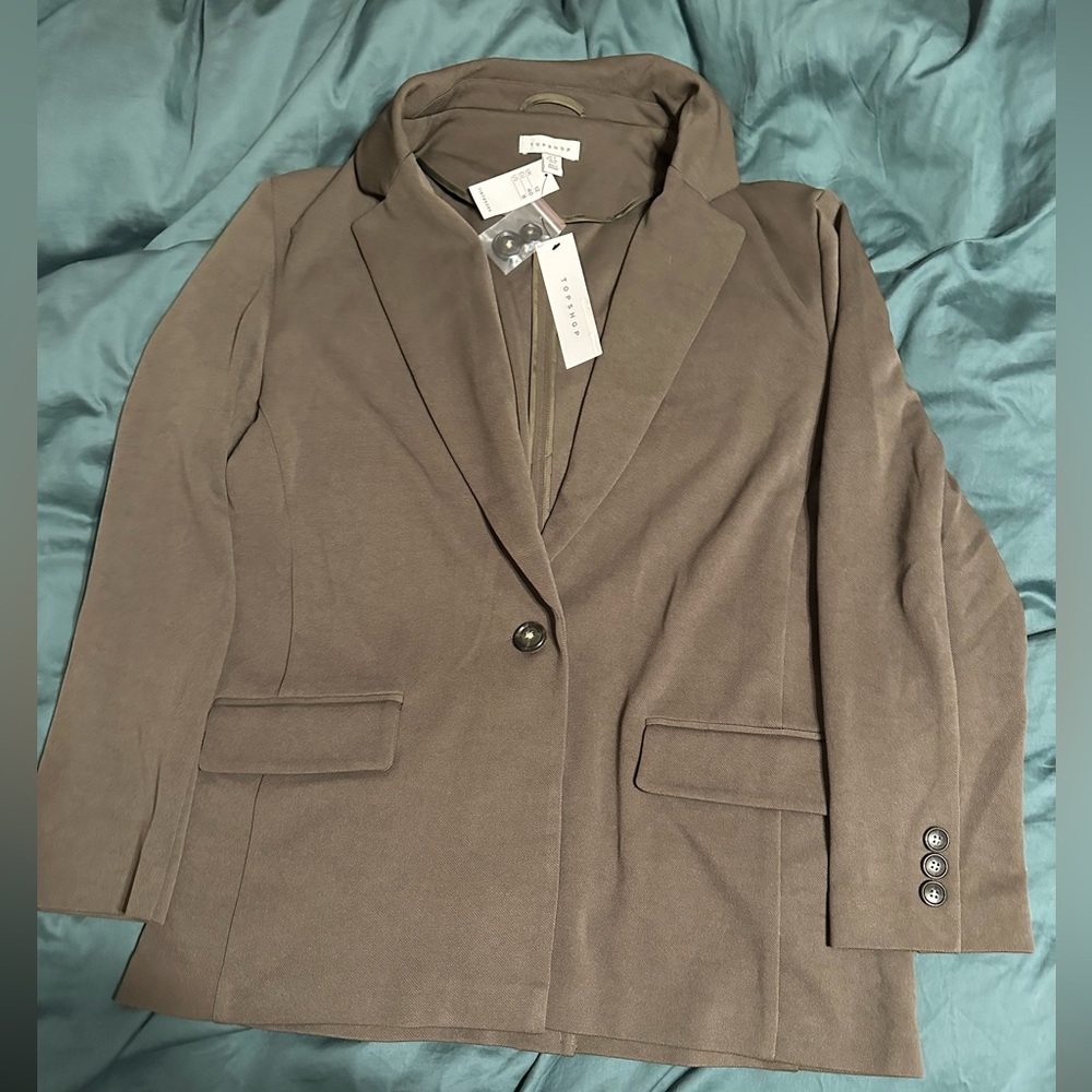 TOPSHOP Single Breasted Twill Blazer Olive Green NWT Size 8 Coat Jacket Oversize